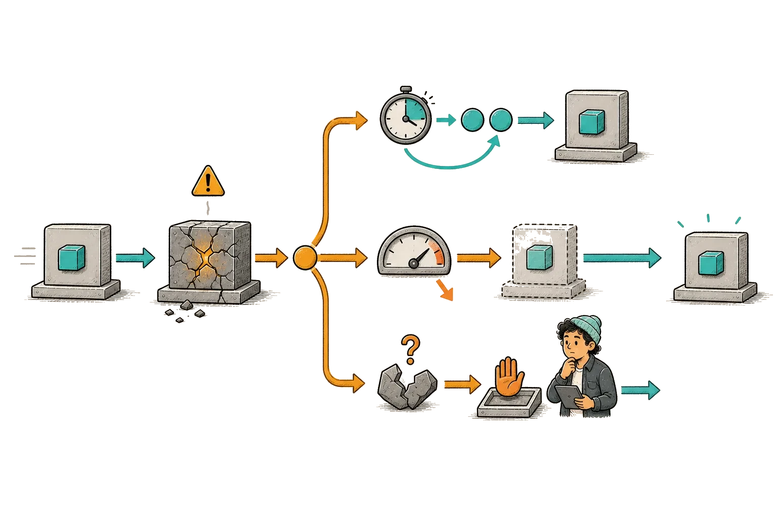 A failed automated task branches into retry, rollback, or human intervention.