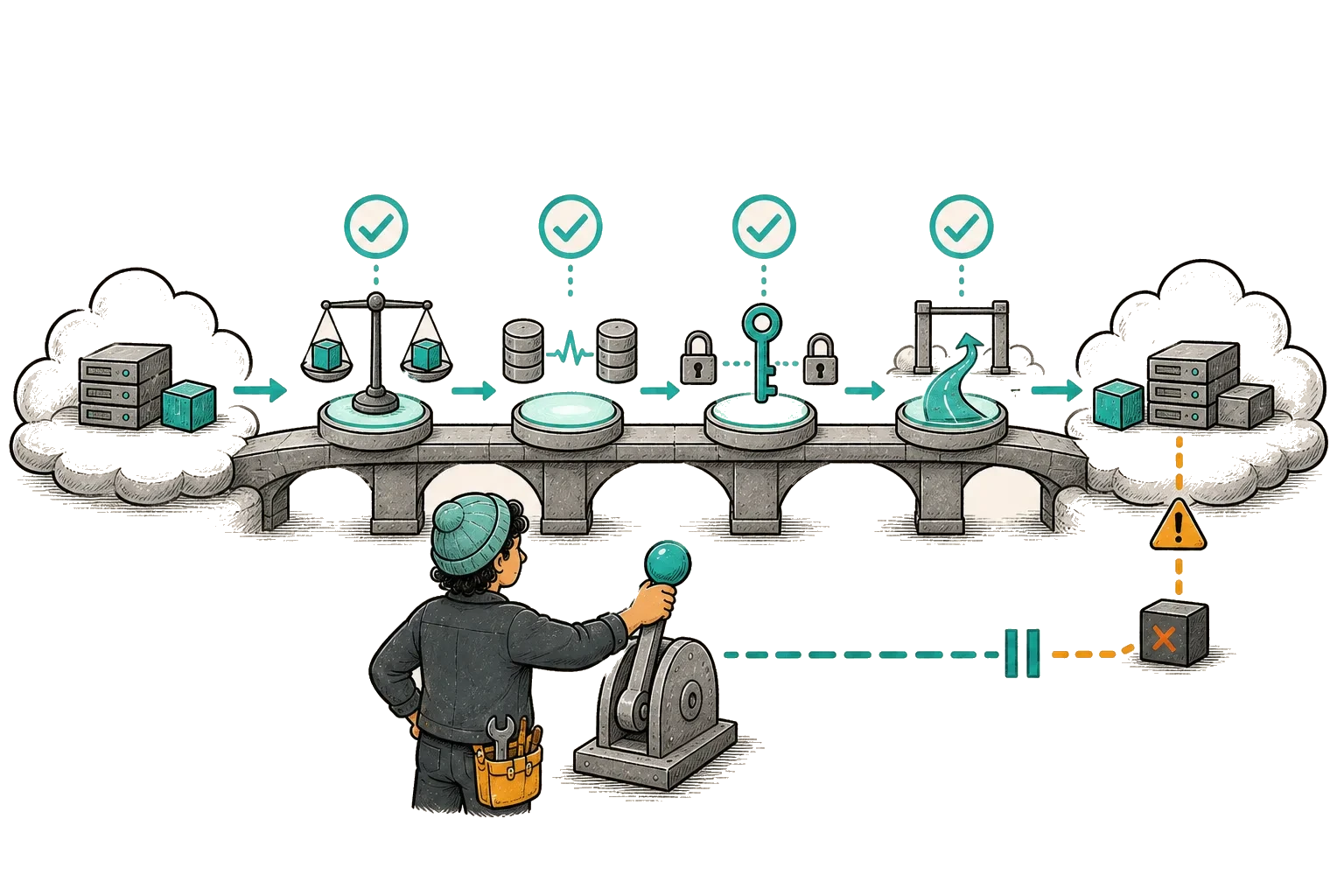 An operator validates each step before moving a flow between cloud environments.