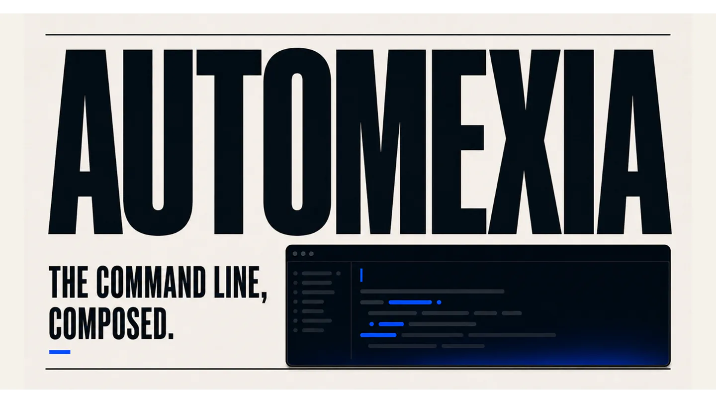 Automexia preview showing a dark terminal workspace beside the product name.