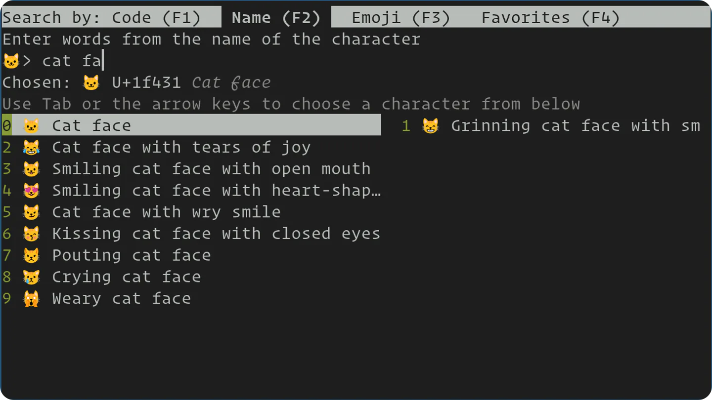 kitty's Unicode input tool searching for cat emoji inside the terminal.