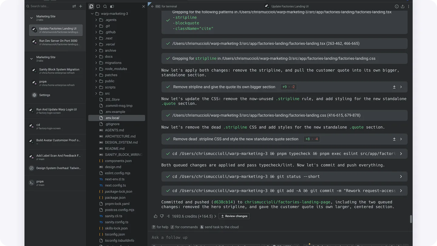 Warp workspace showing a project tree and structured command results.
