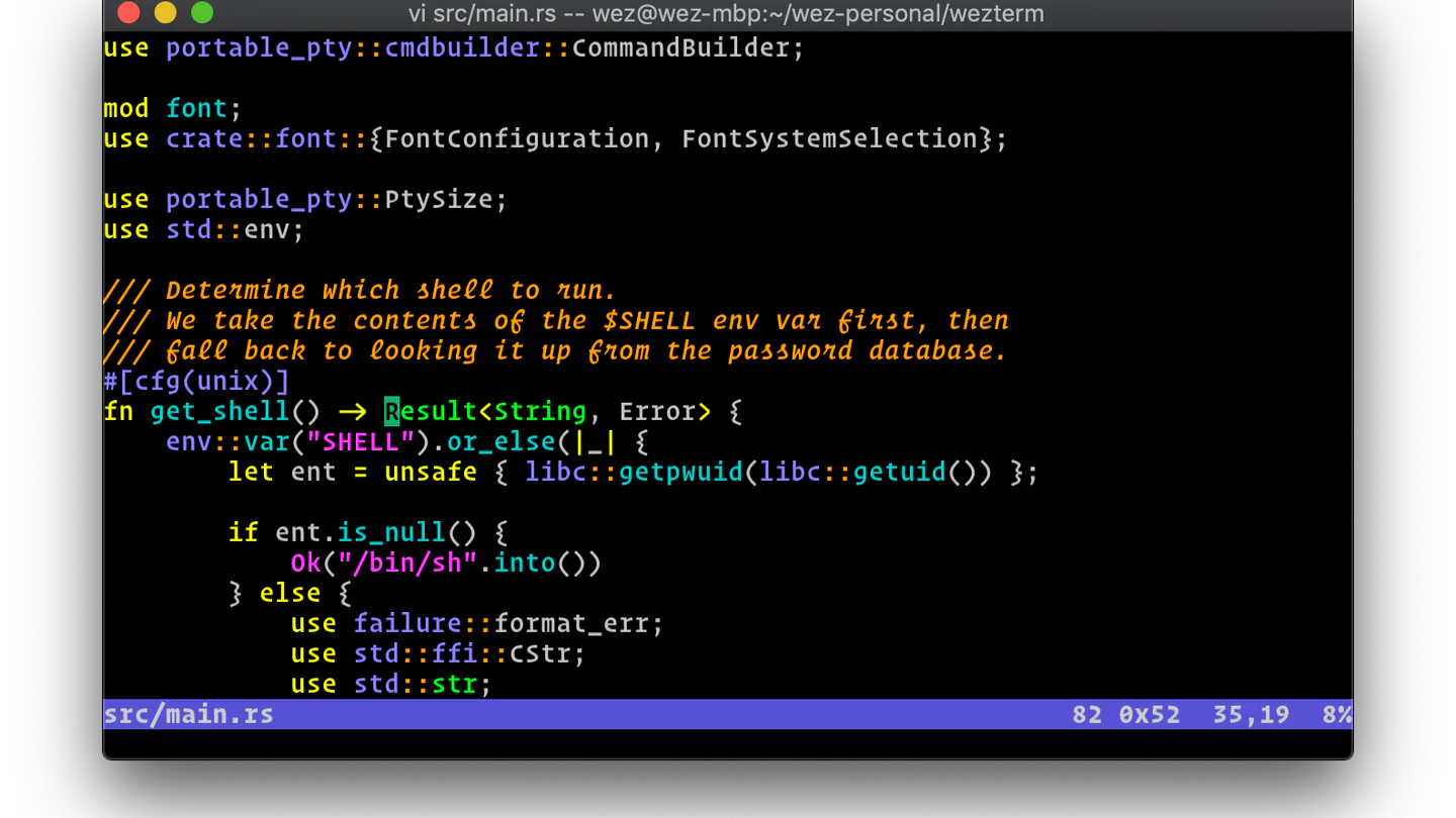 WezTerm on macOS displaying Rust source code in Vim.