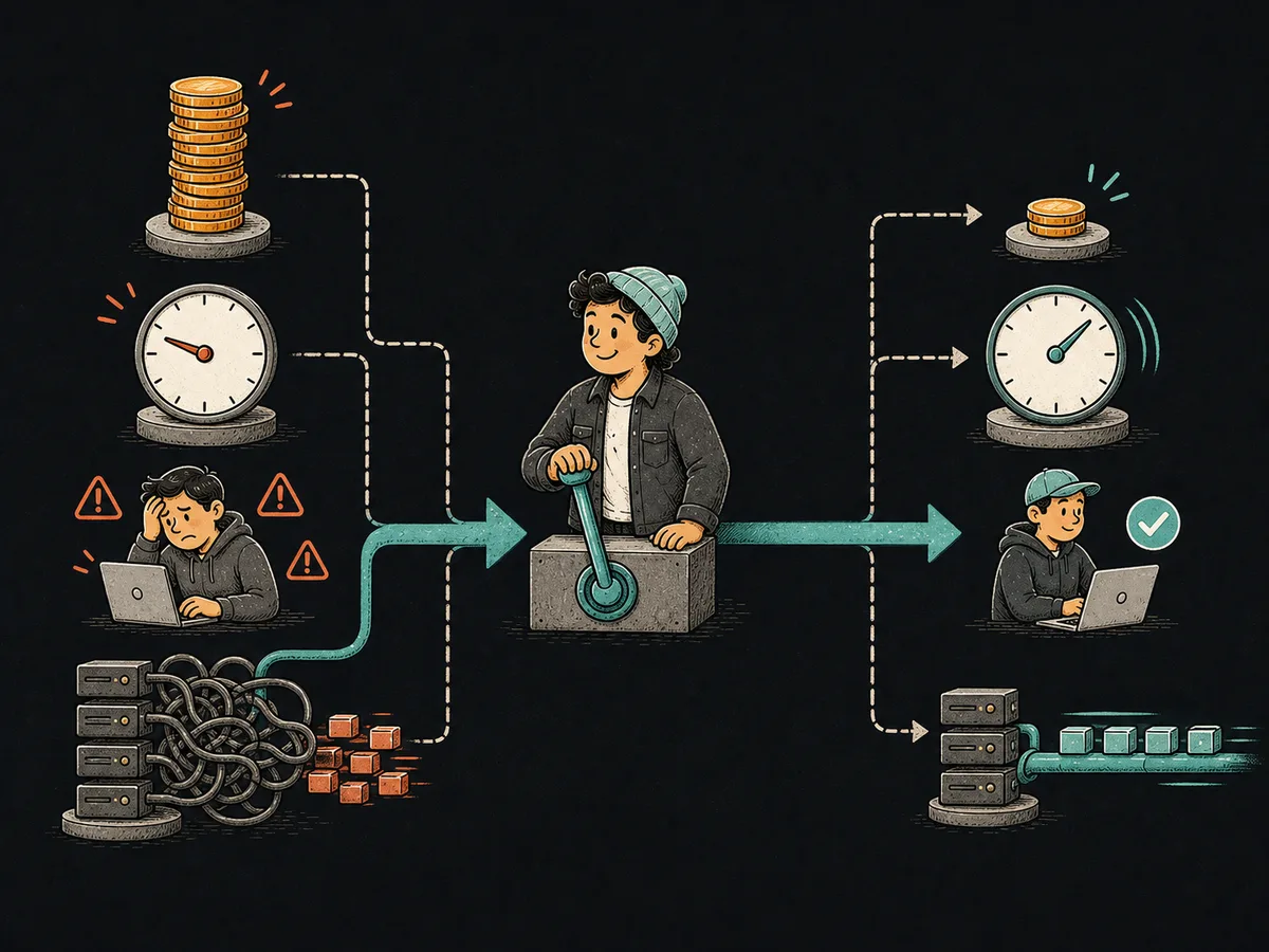 A calm reliability engineer turns high costs, slow delivery, stressful alerts, and tangled infrastructure into lower spend, faster flow, resolved incidents, and efficient systems.